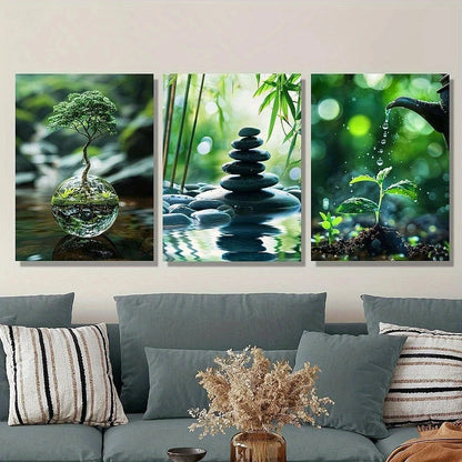 Three framed nature-themed artworks on a wall above a sofa with decorative pillows.