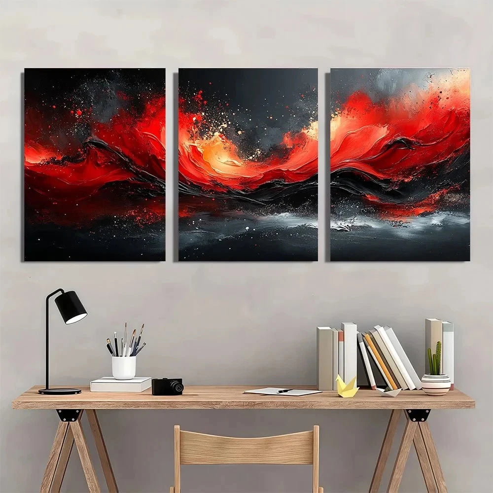 3pcs Modern Red Black Abstract Metal Print Ready to Hang Art