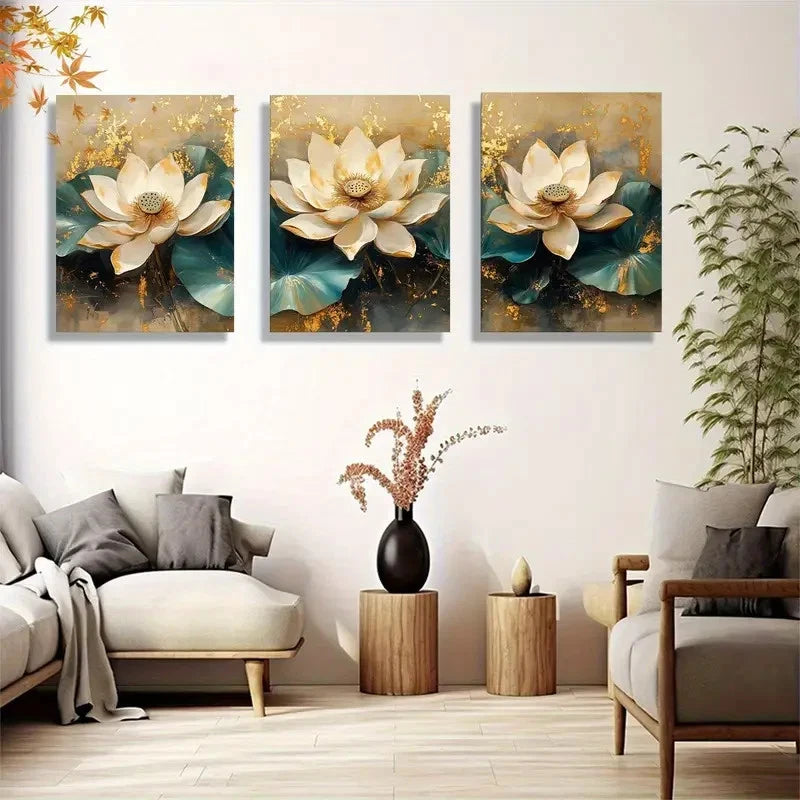 3pcs White Lotus Wall Art with Golden Texture Metal Print Ready to Hang Art