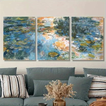 3pcs Abstract Pond Flower Vibrant Blue Green Metal Print Ready to Hang Art