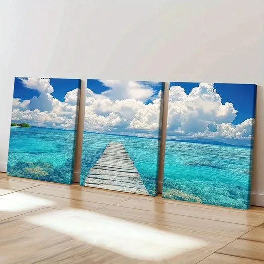 3pcs Australian Palm Beach Sea, White Clouds Wall Art Set Canvas Framed 60x90cm - High Quality Print 100% Australian Made Wall Canvas Ready to Hang