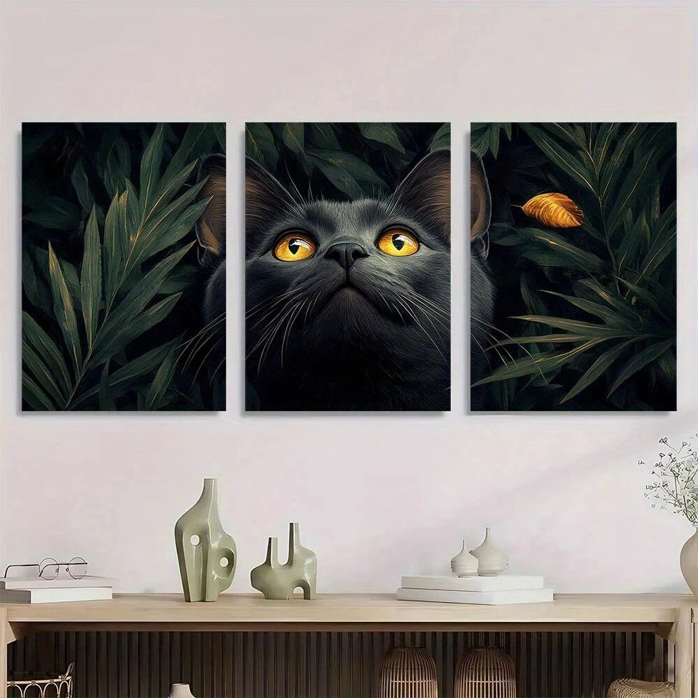 3pcs Black Cat Greenery with Yellow Eyes Metal Print Ready to Hang Art