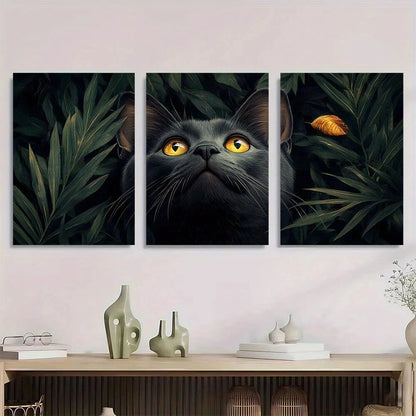 3pcs Black Cat Greenery with Yellow Eyes Metal Print Ready to Hang Art
