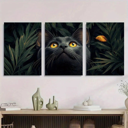 3pcs Black Cat Greenery with Yellow Eyes Metal Print Ready to Hang Art