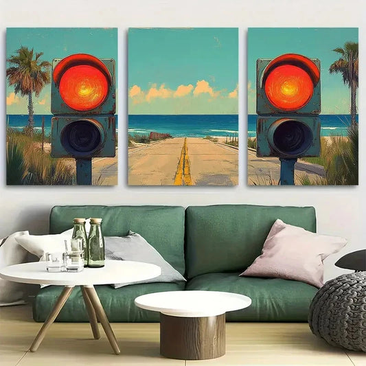 3pcs Retro Seaside Traffic Light Coastal Summer Metal Print Ready to Hang Art