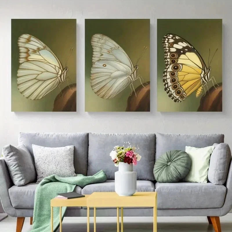 3pcs Butterfly, Neutral Tones     Wall Art Set Canvas Framed 60x90cm - High Quality Print 100% Australian Made Wall Canvas Ready to Hang