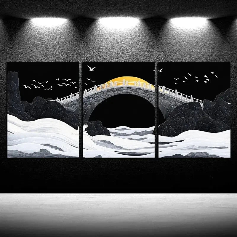 3pcs Black Bridge with Sea and Birds Flying View Metal Print Ready to Hang Art