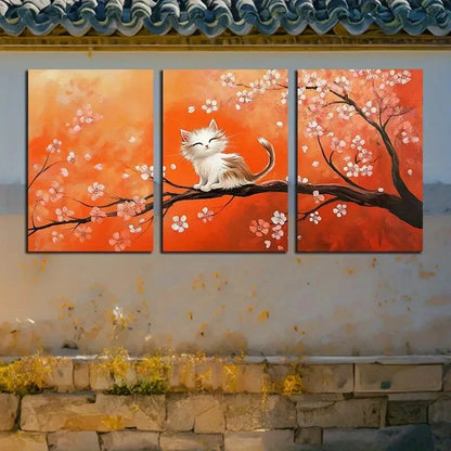 3pcs Vibrant Cat on the cherry Floral tree Metal Print Ready to Hang Art