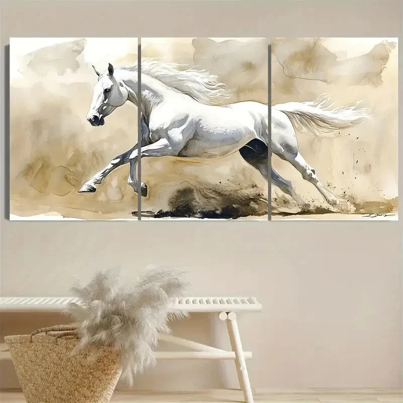 3pcs White Horse Running Horse Animal Wild Horse Metal Print Ready to Hang Art
