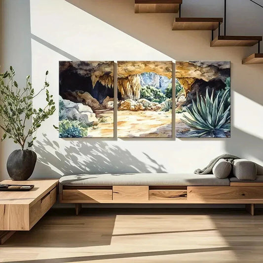 3pcs Cave Nature Landscape Watercolor Style Metal Print Ready to Hang Art