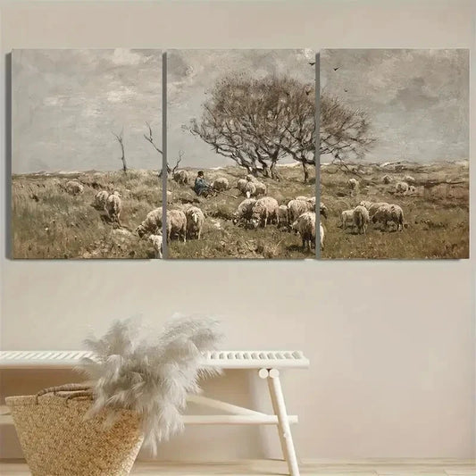 3pcs Pastoral Farm Scene with Sheep and Shepherd Metal Print Ready to Hang Art