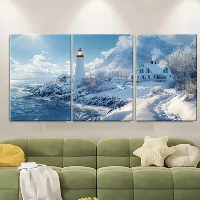3pcs New England Coastline Lighthouses in Winter Metal Print Ready to Hang Art
