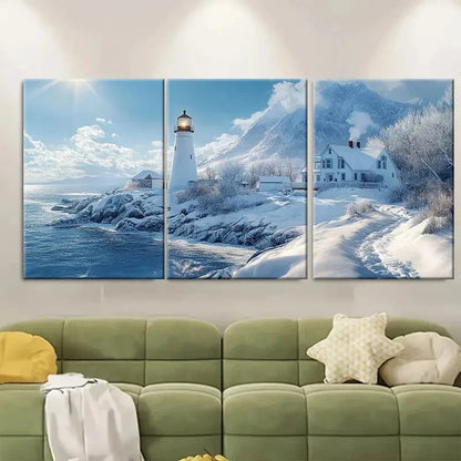 3pcs New England Coastline Lighthouses in Winter Metal Print Ready to Hang Art