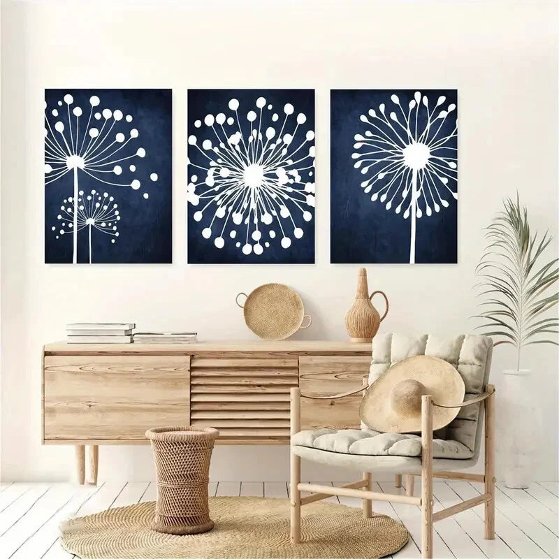 3pcs Blue White Abstract Floral Dandelion Metal Print Ready to Hang Art
