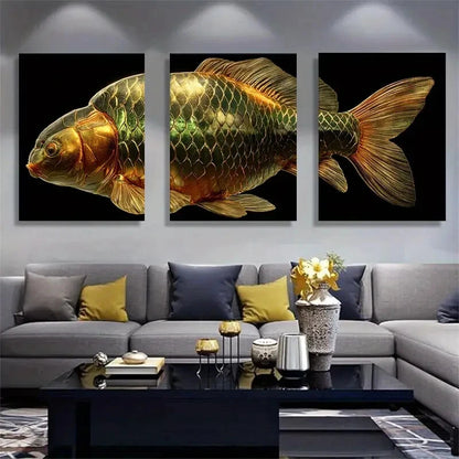 3pcs Luxurious Metallic Fish Feng Shui Wealth Deco Metal Print Ready to Hang Art