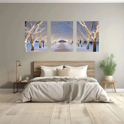 3pcs Winter Snowy Forest Scene Warm Fairy Lights Metal Print Ready to Hang Art