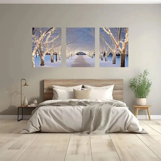 3pcs Winter Snowy Forest Scene Warm Fairy Lights Metal Print Ready to Hang Art