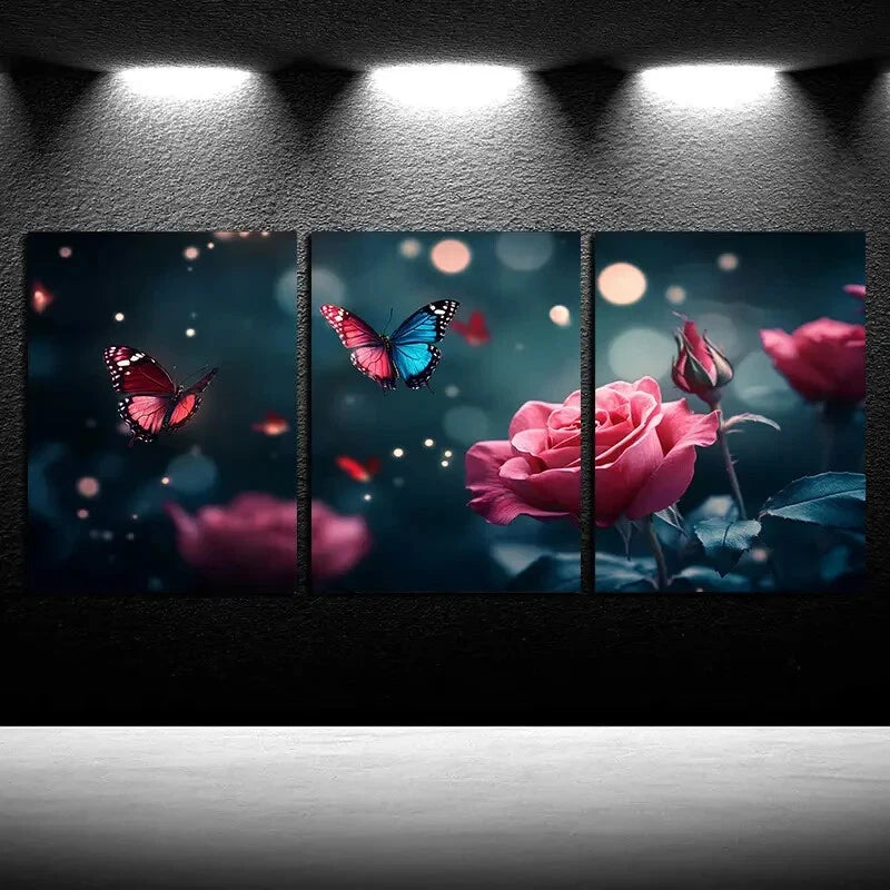 3pcs Butterfly and Rose Vibrant Nature Theme Metal Print Ready to Hang Art