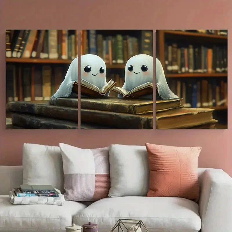 3pcs Two Cute Ghosts in a Library Romantic Dark Metal Print Ready to Hang Art