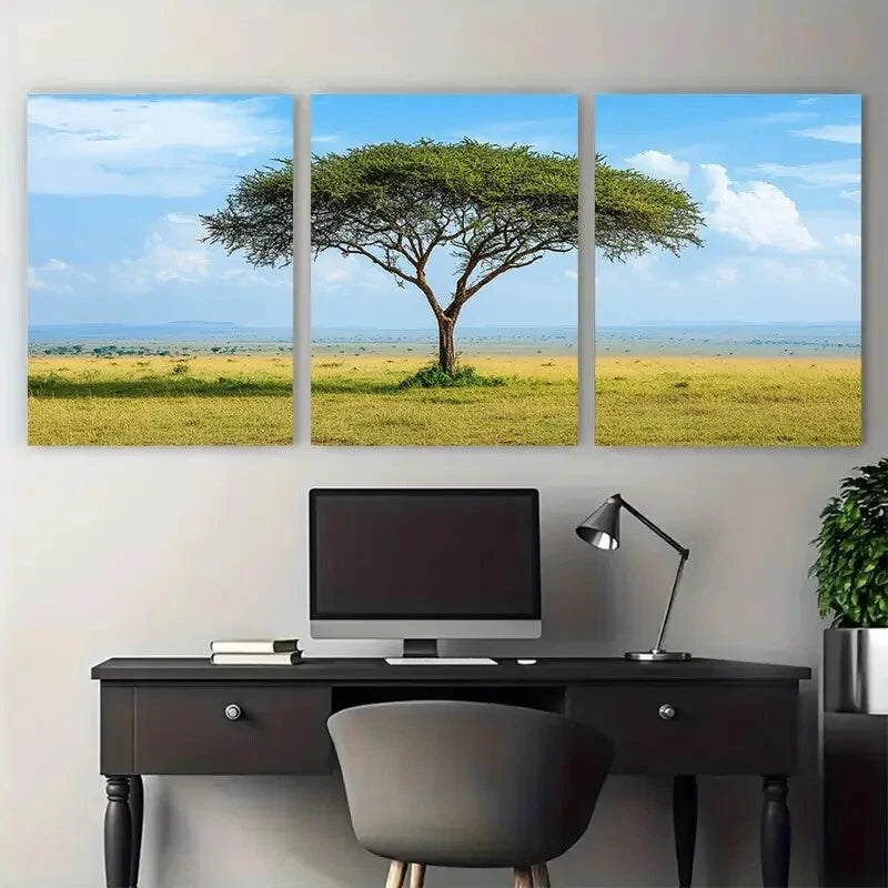 3pcs Serengeti Africa Safari Acacia Trees Wildlife Metal Print Ready to Hang Art