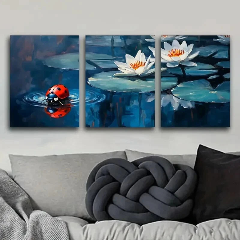 3pcs Ladybugs on Water Lilies Painting Metal Print Ready to Hang Art