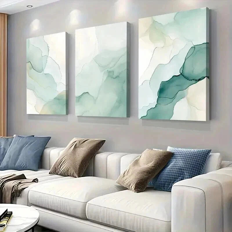 3pcs Elegant Green Abstract Watercolor Painting Wall Art Set Canvas Framed 50x70cm - High Quality Print 100% Australian Made Wall Canvas Ready to Hang