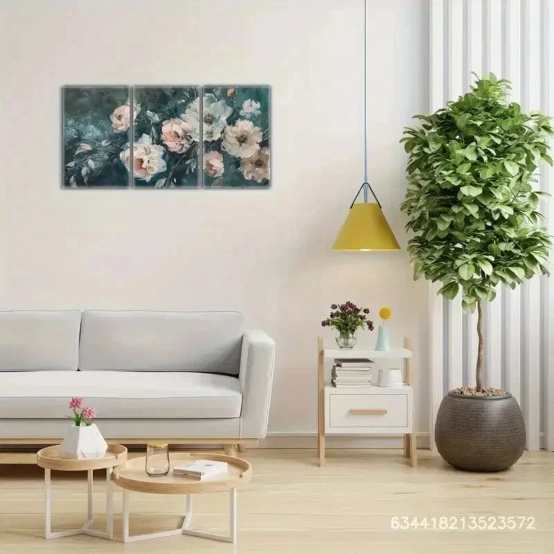 3pcs Dark Blue Floral Art Poster Oil Painting Metal Print Ready to Hang Art