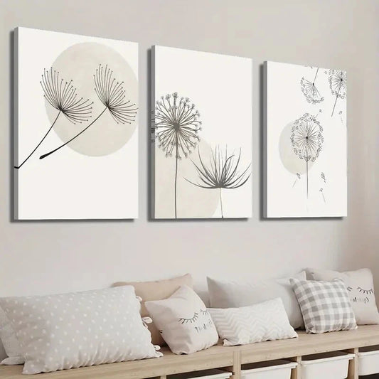 3pcs Black and White Dandelion Botanical Flower Wall Art Set Canvas Framed 40x60cm - High Quality Print 100% Australian Made Wall Canvas Ready to Hang