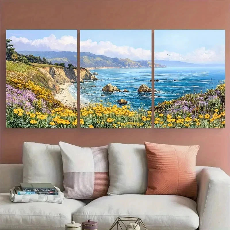 3pcs Big Sur Wildflowers Coastal Ocean Landscape Wall Art Set Canvas Framed 50x70cm - High Quality Print 100% Australian Made Wall Canvas Ready to Hang