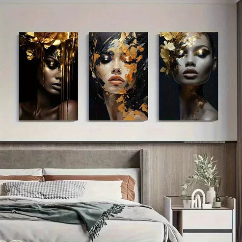 3pcs Golden Floral Portrait Women Décor Perfect Wall Art Set Canvas Unframed - High Quality Print 100% Australian Made Wall Canvas