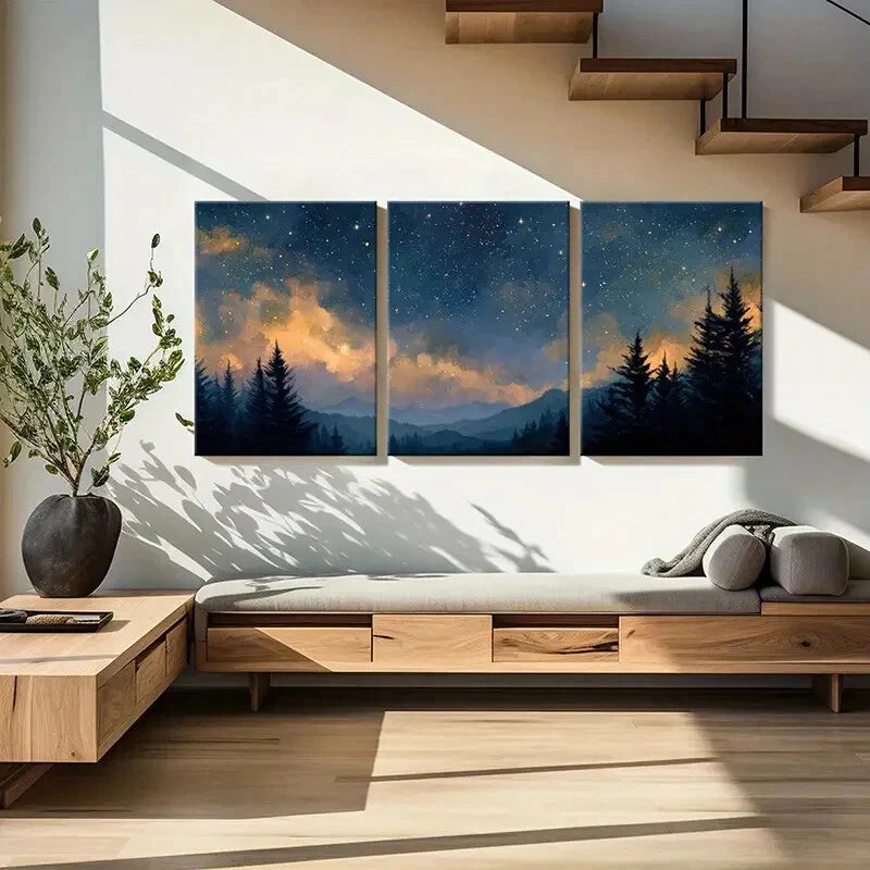 3pcs Night Sky & Forest Serene Dreamy Landscape Metal Print Ready to Hang Art