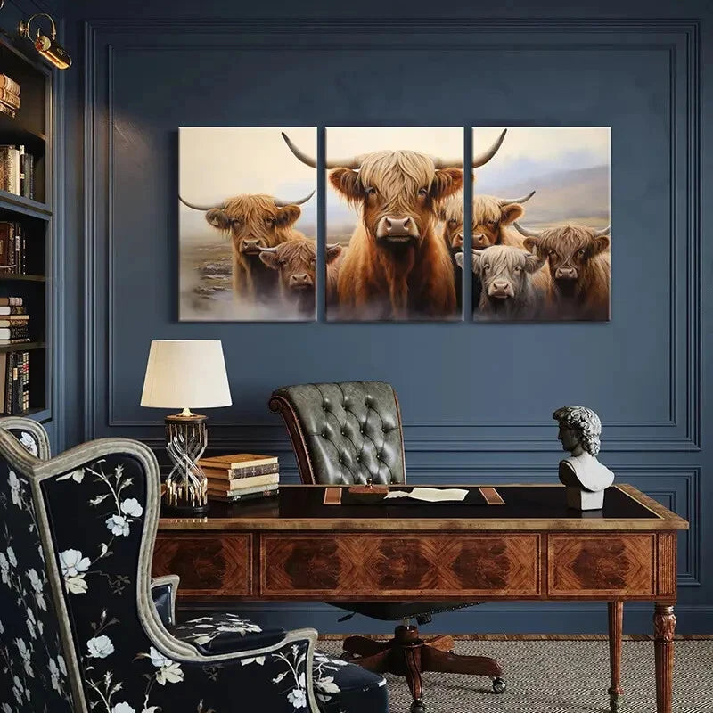 3pcs Posters of Majestic Highland Cattle with Horn Metal Print Ready to Hang Art