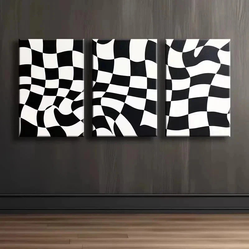 3pcs Black and White Checkered Pattern Metal Print Ready to Hang Art