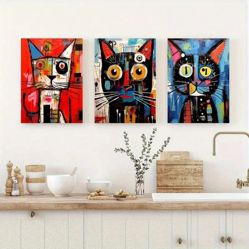 3pcs Pixelated Abstract Cat Graffiti Metal Print Ready to Hang Art