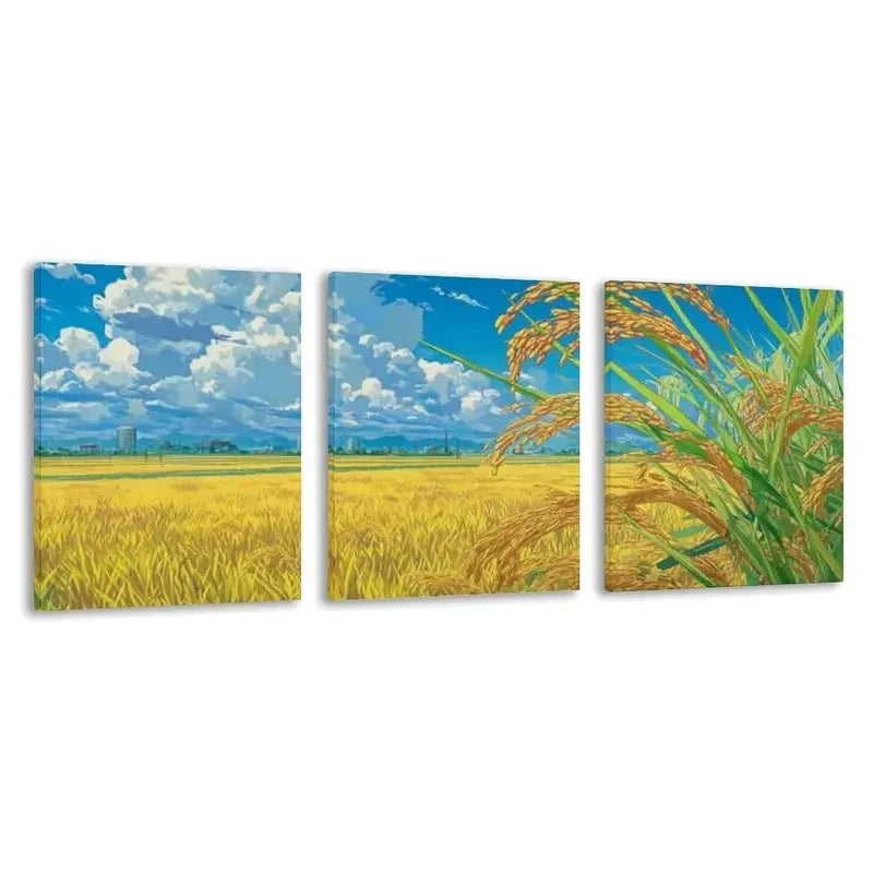 3pcs Vibrant Sunflower & Wheat Field Scene   Wall Art Set Canvas Framed 60x90cm - High Quality Print 100% Australian Made Wall Canvas Ready to Hang