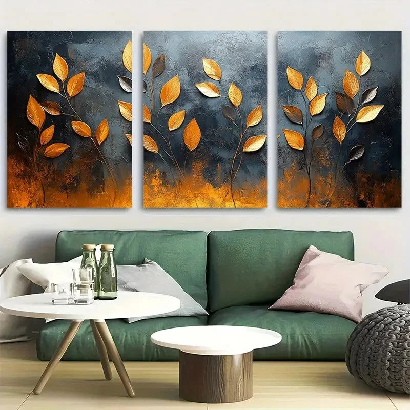 3pcs Black Plant Stalks Abstract Floral Design Metal Print Ready to Hang Art
