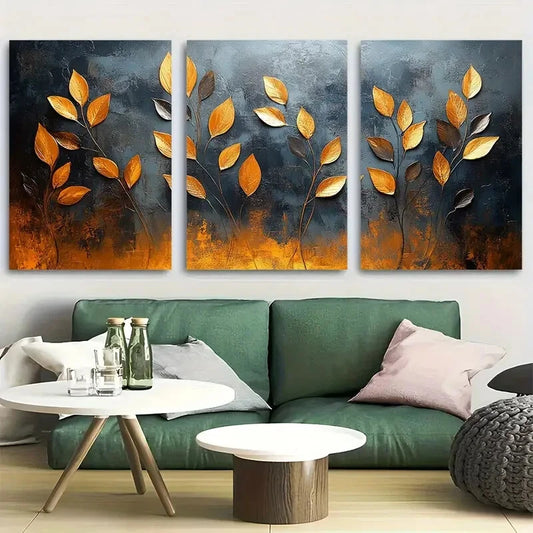 3pcs Black Plant Stalks Abstract Floral Design Metal Print Ready to Hang Art