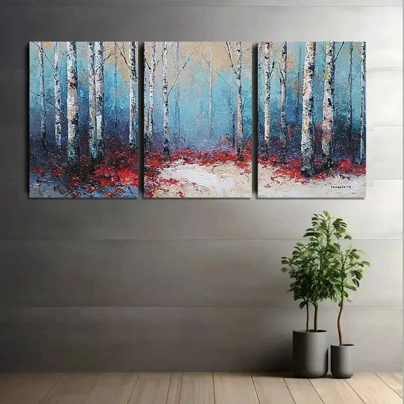 3pcs Abstract Winter Birch Forest with Red Leaves Metal Print Ready to Hang Art