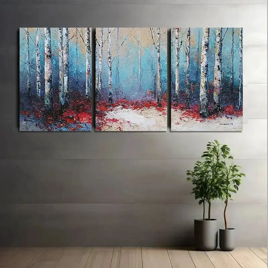 3pcs Abstract Winter Birch Forest with Red Leaves Metal Print Ready to Hang Art
