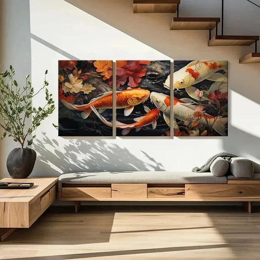 3pcs Japanese Style Koi Fish & Flowers Wall Art Set Canvas Framed 40x60cm - High Quality Print 100% Australian Made Wall Canvas Ready to Hang