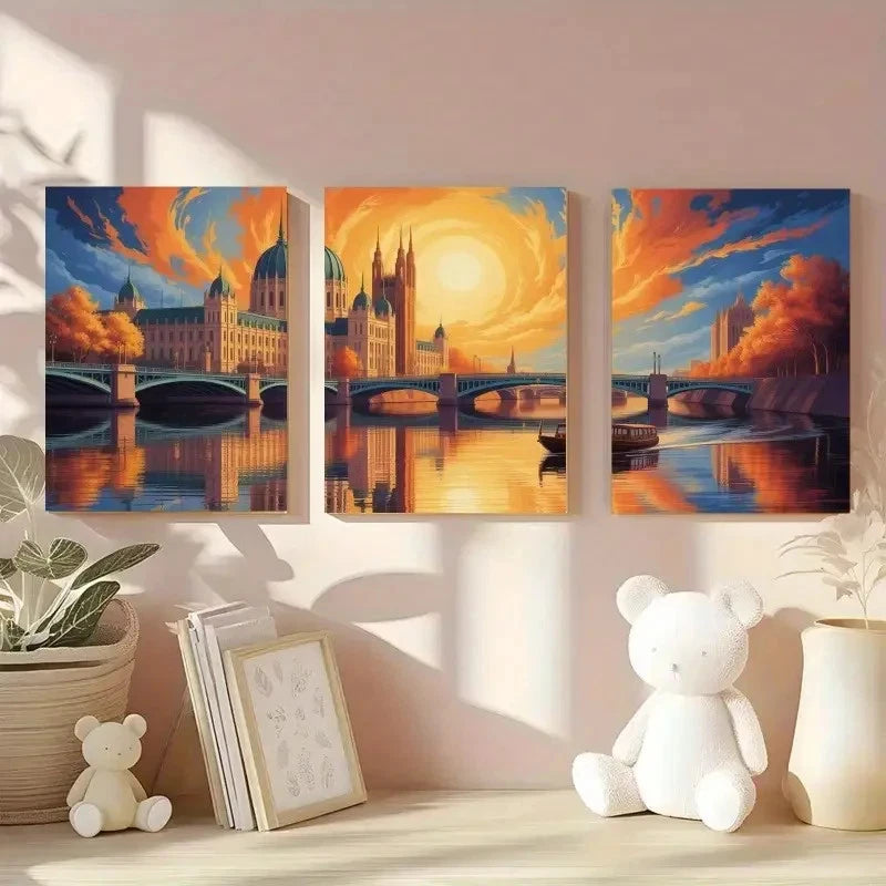 3pcs Cityscape Painting with Parliament Building Metal Print Ready to Hang Art