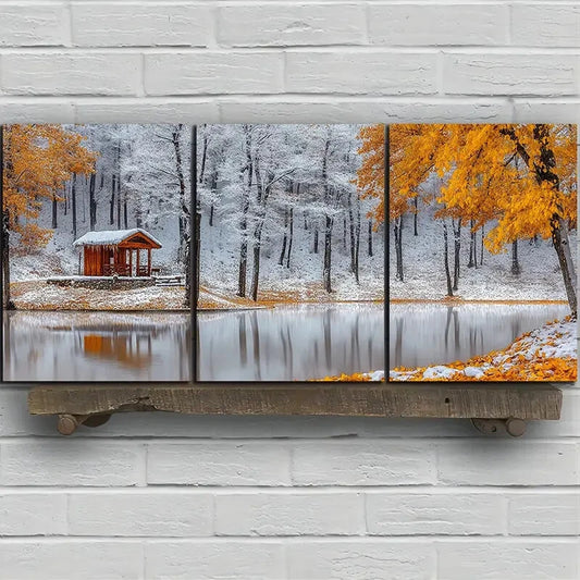 3pcs Autumn Snow Scenery with Cabin Metal Print Ready to Hang Art