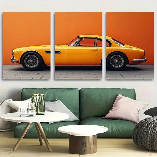 3pcs Minimalist Collector Car On Orange Background Metal Print Ready to Hang Art