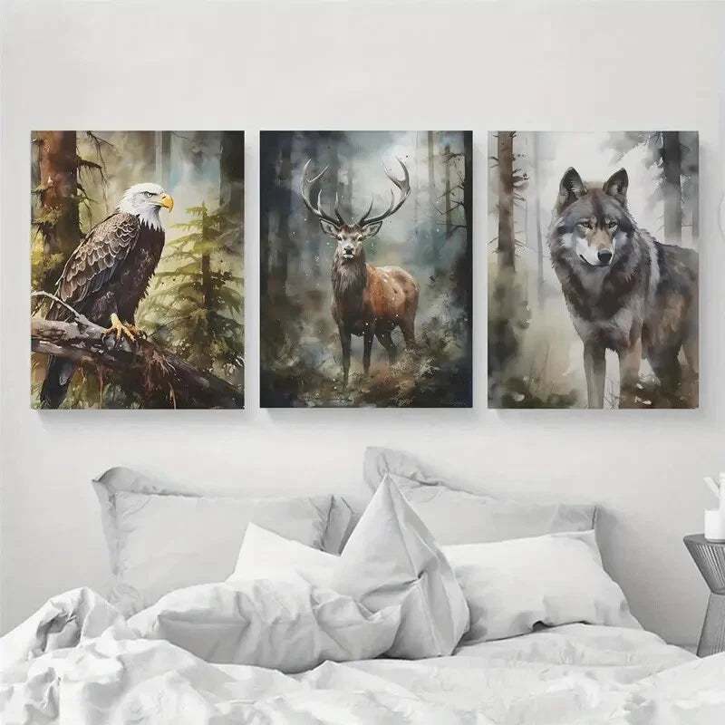 3pcs American Woodland Animals In Forest Scene Metal Print Ready to Hang Art