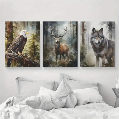 3pcs American Woodland Animals In Forest Scene Metal Print Ready to Hang Art