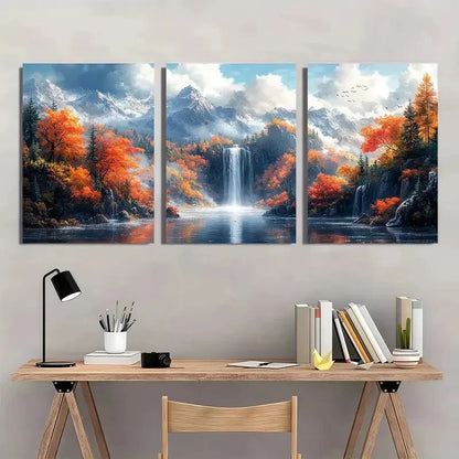 3pcs Vibrant Forest Waterfall & Misty Peaks Scene Metal Print Ready to Hang Art