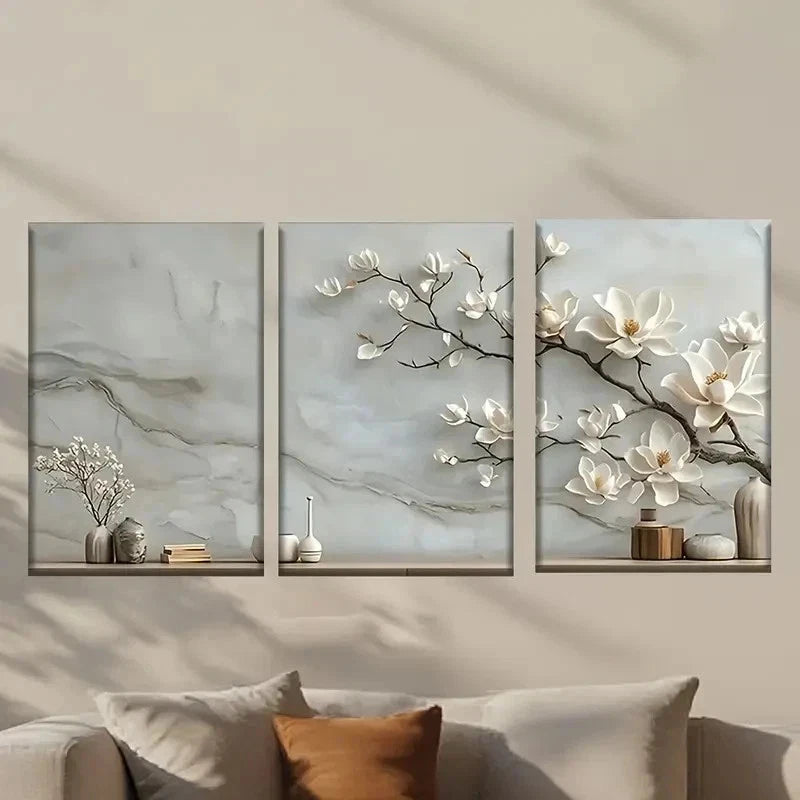 3pcs White Flowers on Marble Background Wall Art Set Canvas Framed 40x60cm - High Quality Print 100% Australian Made Wall Canvas Ready to Hang