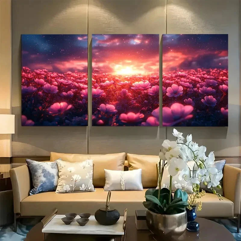 3pcs Dreamlike Field of Neon Flowers Metal Print Ready to Hang Art
