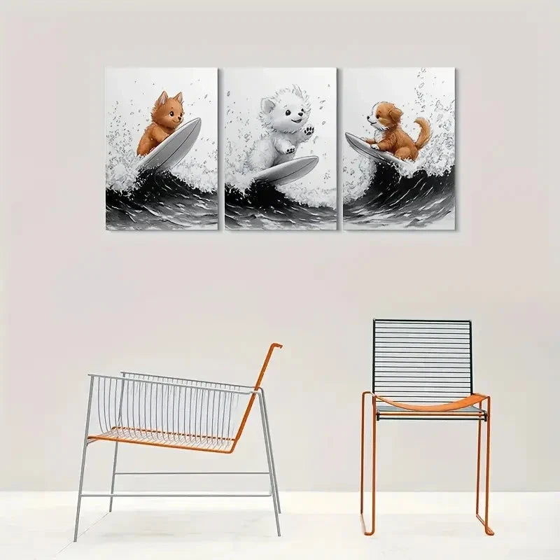 3pcs Adorable Surfing Puppies Metal Print Ready to Hang Art
