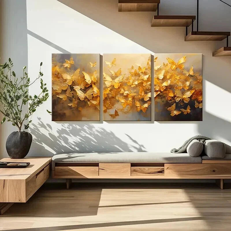 3pcs Abstract Art Gold Foil Butterfly Wall Art Set Canvas Framed 60x90cm - High Quality Print 100% Australian Made Wall Canvas Ready to Hang